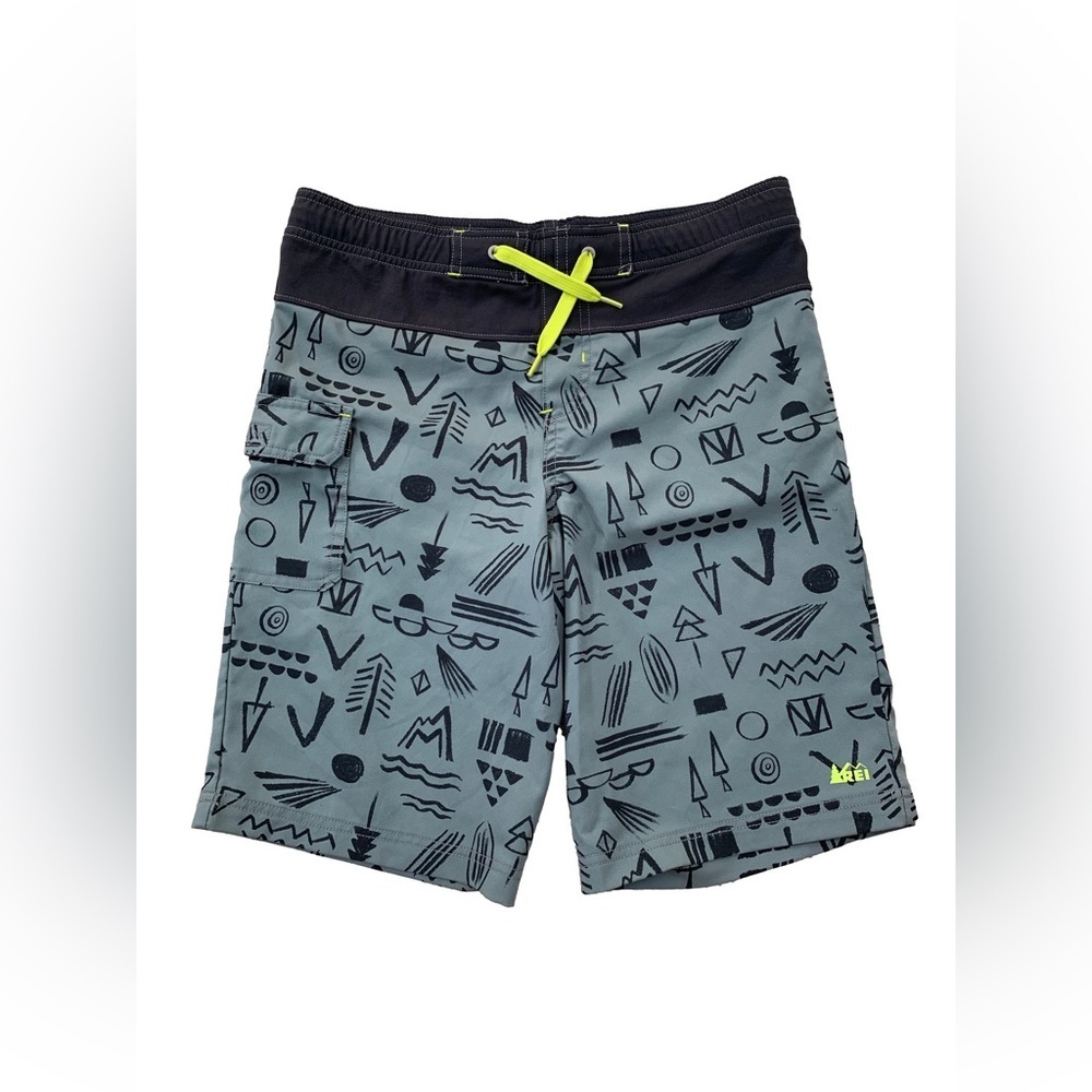 REI Size M, 10/12, Black and Grey Geometric Print Board Shorts Swim Trunks